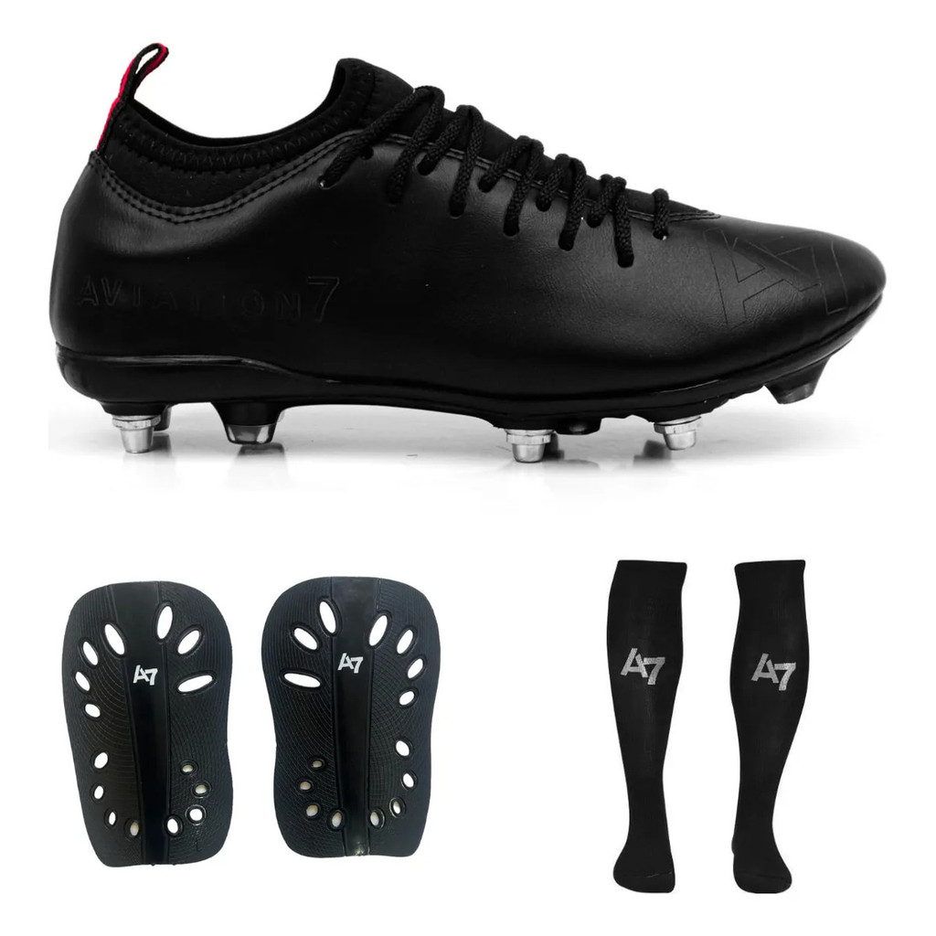 Kit Chuteira Campo Trava Mista Alumínio All Black + Meião + Caneleira Profissional Futebol Campo A7