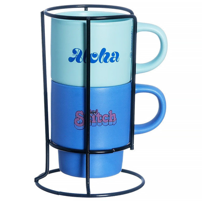 Jogo de Canecas de Cerâmica 150ml com Suporte Stitch Disney 10025945 - ZonaCriativa