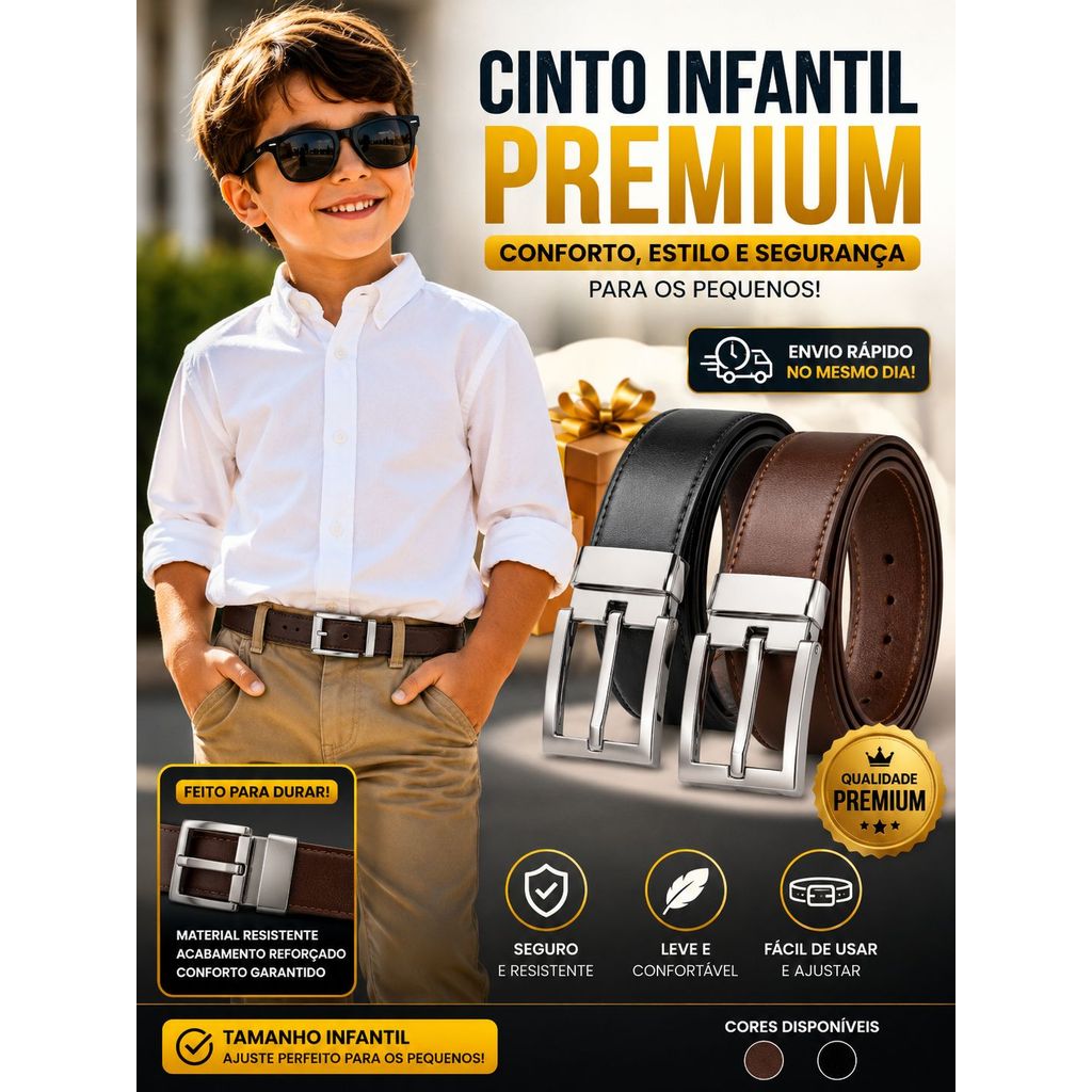 Cinto Infantil  ajustavel 1 a 9 anos couro macio confortavel nao aperta, de um lado preto de outro marrom