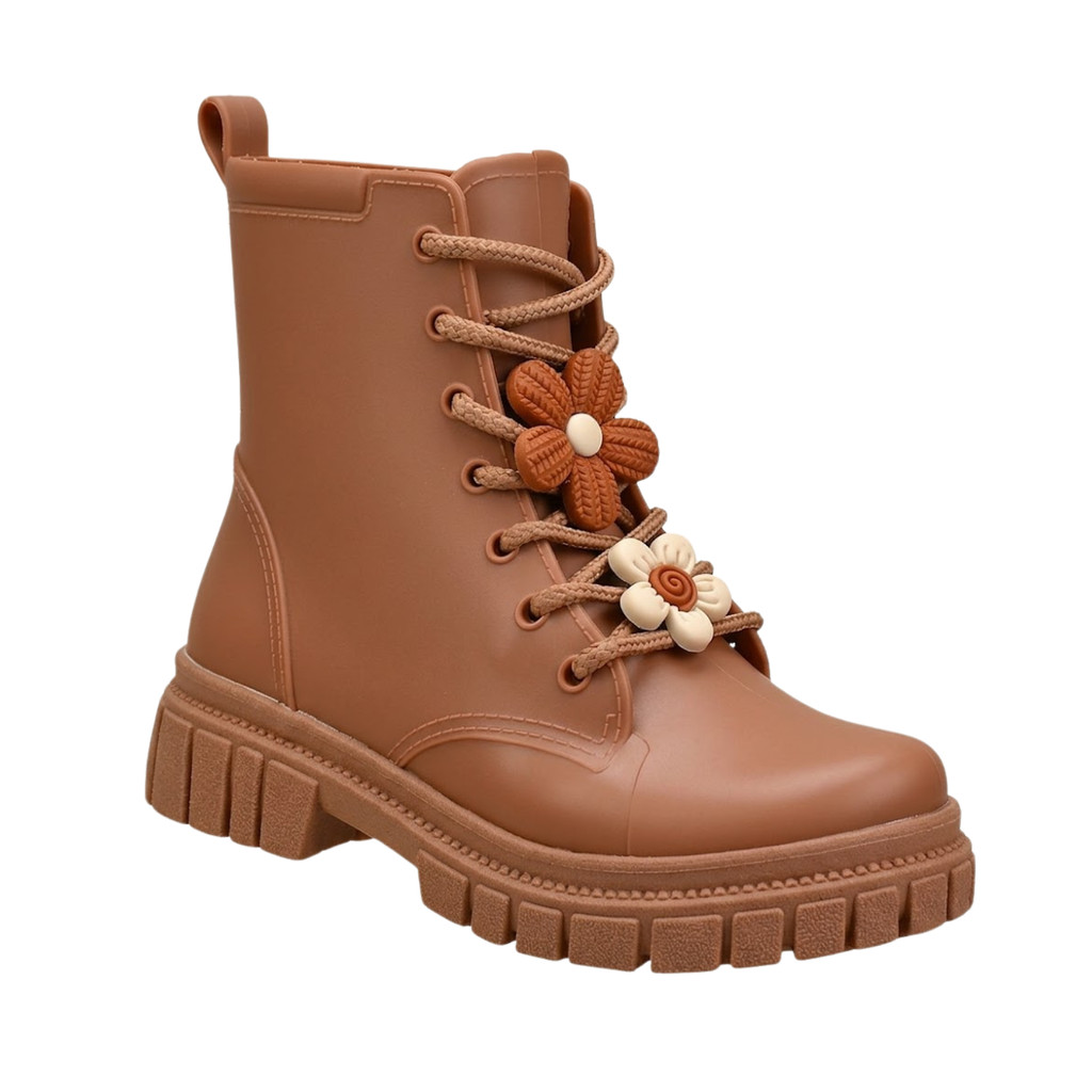 Bota Infantil Menina Luelua Coturno Tratorado Marrom Mocca Com Flor