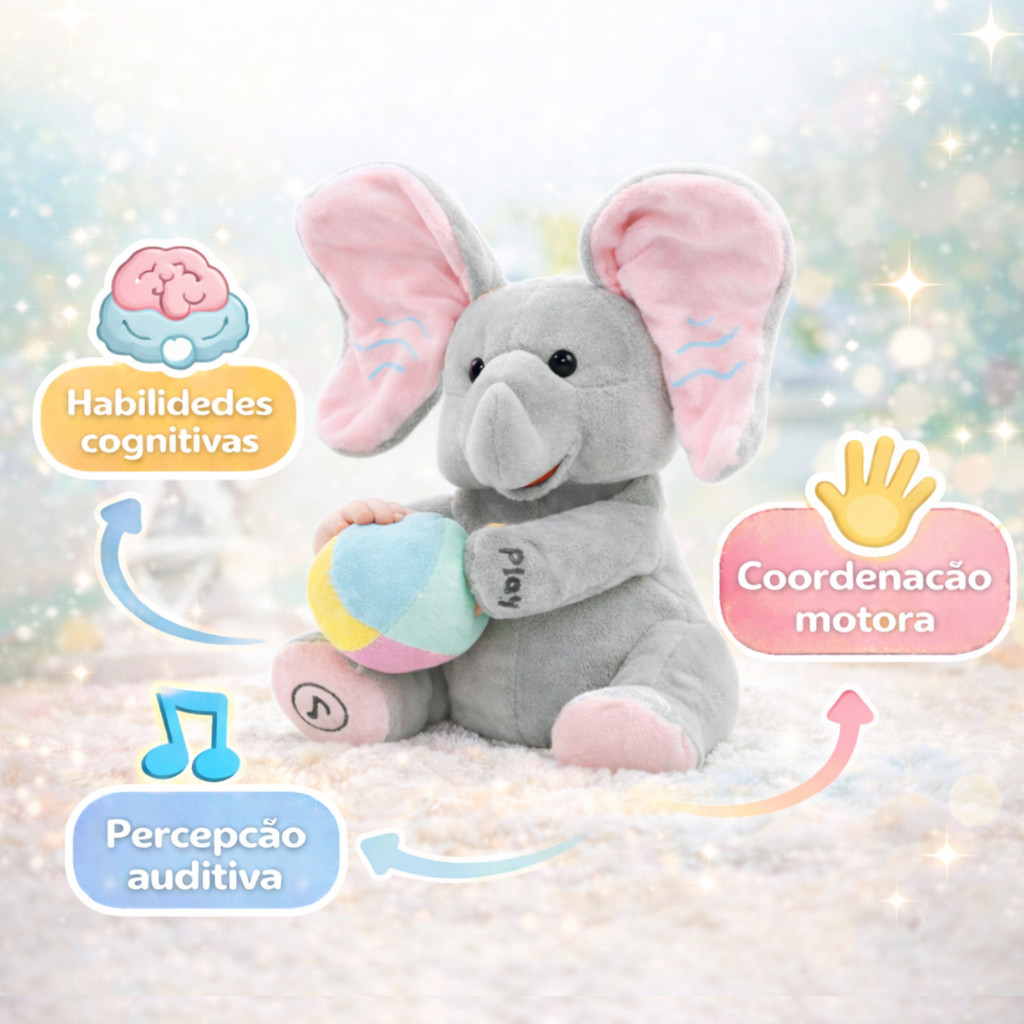 Elefante Musical Interativo Bebê com Gravação de Voz Brinquedo Sensorial Educativo que Mexe as Orelhas e Toca Músicas — imagem 2 de 2