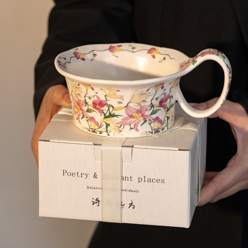 Retro lírio cerâmica alça curvada copo de café de alto valor caneca de grande capacidade copo de café da manhã presente