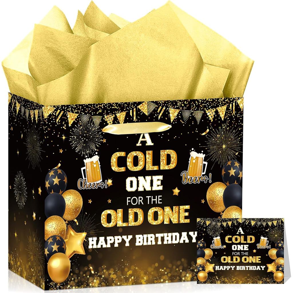 Beer Birthday Gift Bag for Men A Cold One for The Old One Beer Theme Party Decor Black Gold Happy Birthday Bag with Tiss
