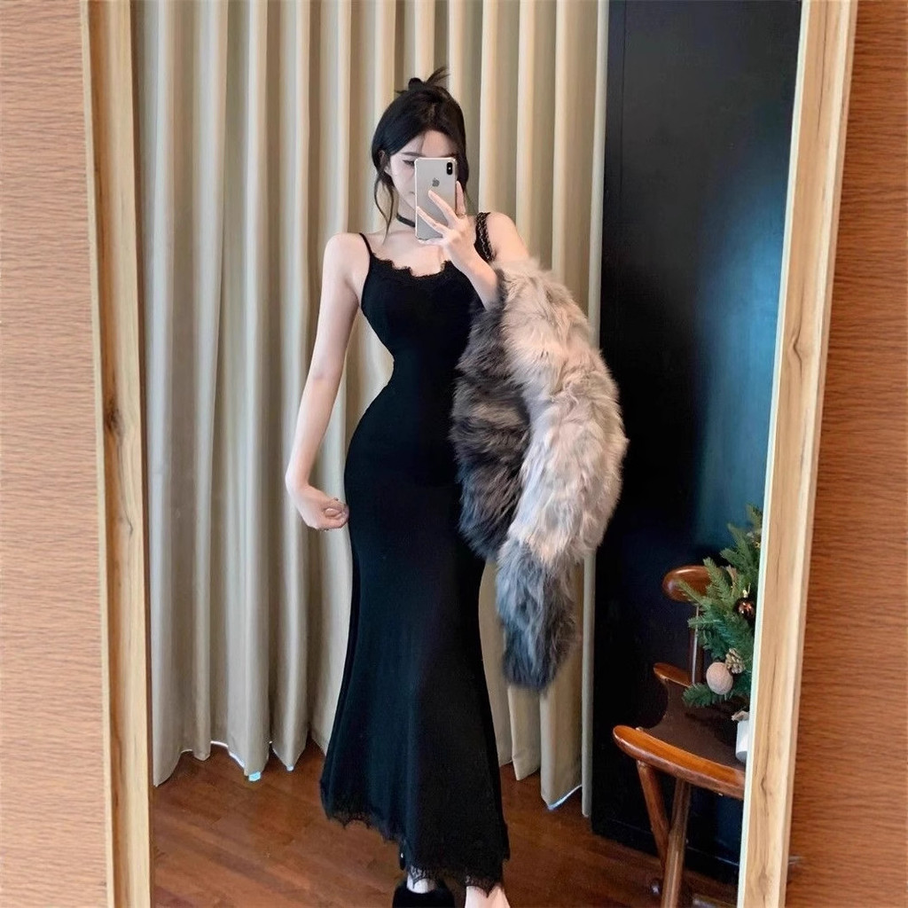 2026 Pure Desire Lace Lace Sling Dress Feminino 2025 Verão Novo Estilo Cintura Estreita Slim Look Hip Wrap Fishtail Saia