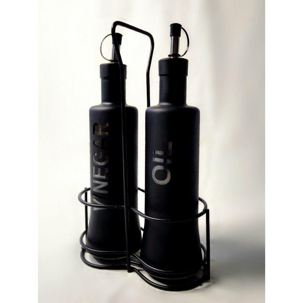 Galheteiro de Vidro com Suporte – Kit Azeite e Vinagre 300ml Preto Fosco Porta Azeite e Vinagre