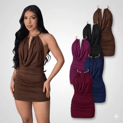 Vestido Feminino Curto Decote Profundo Malha Premium Argola no Pescoço Halter Neck Tendência Colar