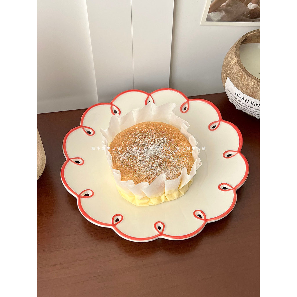 Miss Sugar Coreano ins Prato de Renda Vermelho Retro Cerâmica Bolo Sobremesa Prato de Café da Manhã de Alto Valor Talher