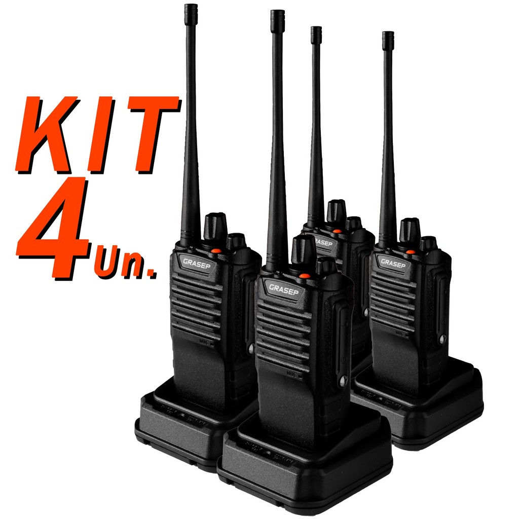 KIT 4 Rádio Comunicador Bidirecional Profissional Walkie Talkie UHF 16 Canais Longo Alcance 10Km 8W Bateria 2800mAh