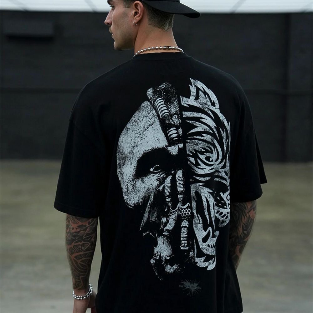 DARC Esporte Nova Cabeça De Lobo Personalidade Impressa Solta Manga Curta Masculina 100 % Algodão Fitness Muscular Mascu