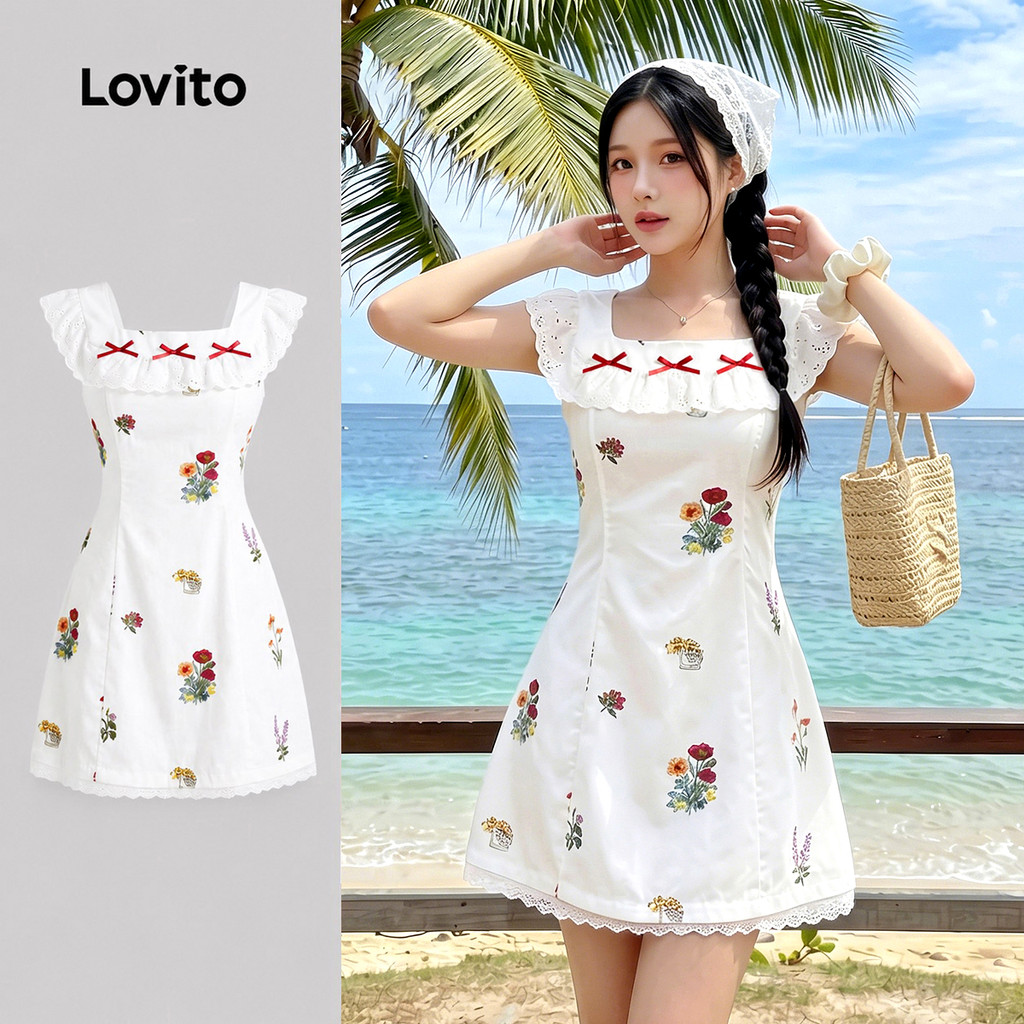 Lovito Férias Vestido Fofo Com Estampa Laço De Renda Primavera/verão Levemente T