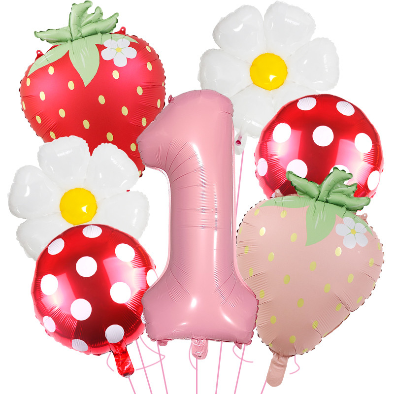 Morango margarida rosa número balão jardim de infância crianças festa de aniversário decoração dia 6 cena Layout