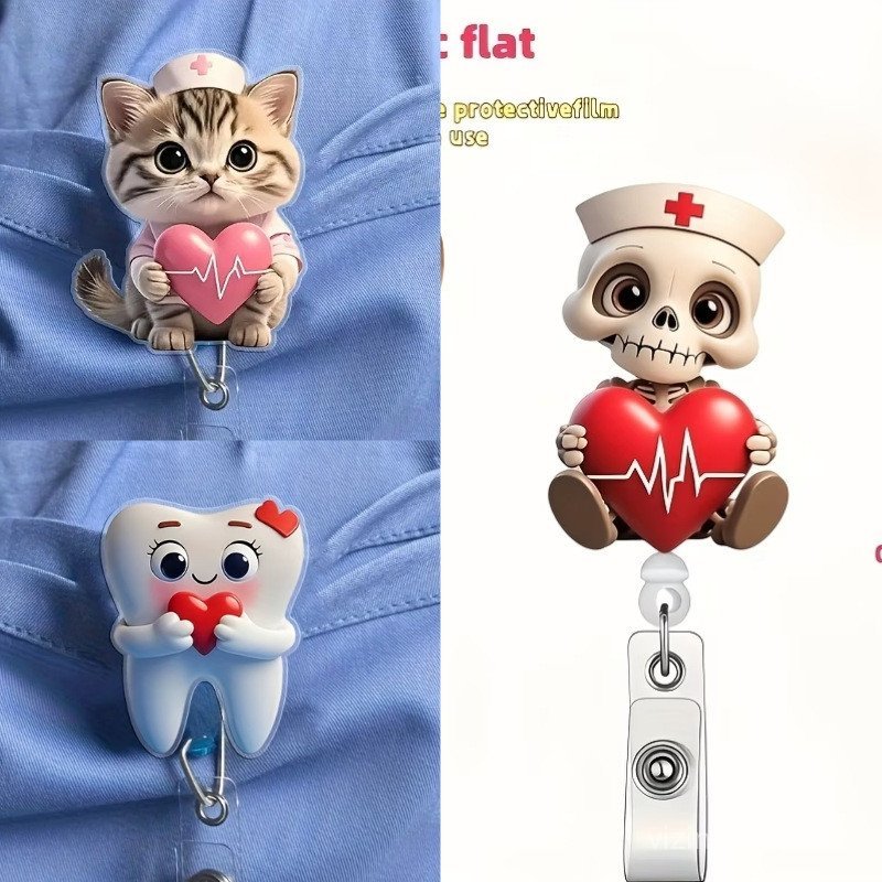 Porta-crachá de acrílico com desenho de animal e clipe retrátil para funcionários de hospitais e departamentos médicos