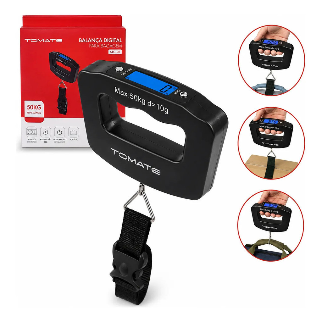Balança Digital de Mão Bagagem Viagem Portátil Bolsa Mala Peixe Pesca Pesa até 50KG Visor Claro Noturno Itens Essenciais