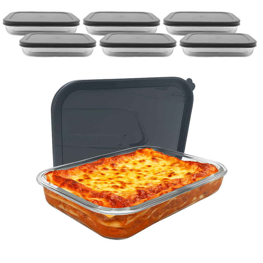 Kit 6 Travessa Assadeira De Vidro Com Tampa Hermética Retangular Forno Microondas 2,2l