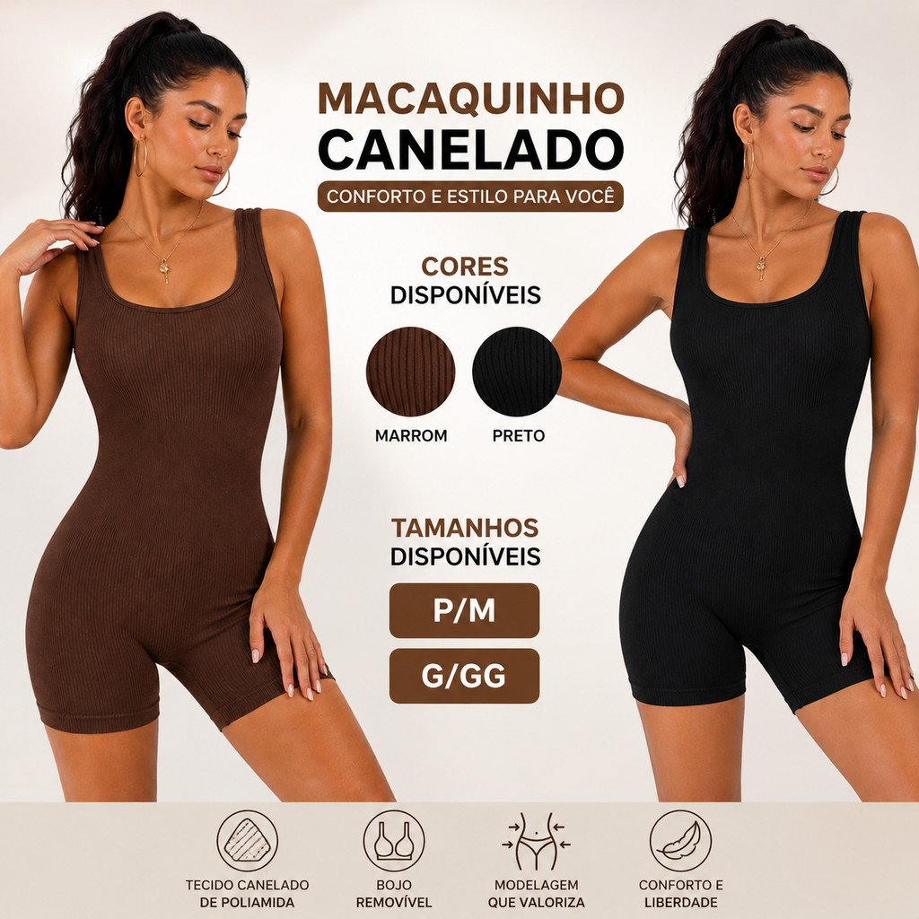 Macaquinho Feminino Canelado Poliamida Bojo Removível Academia Fitness Zero Transparência Modelador