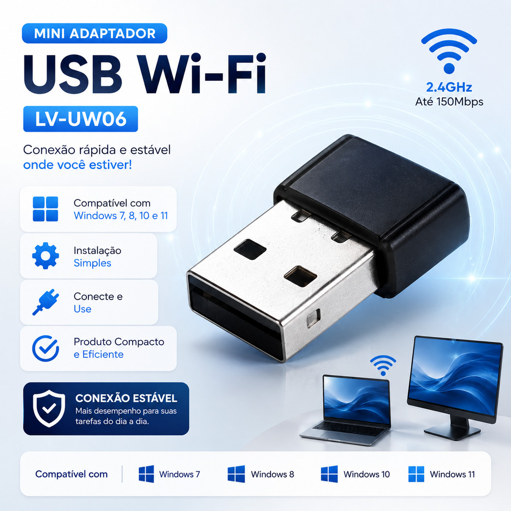 Adaptador USB WiFi 950Mbps LV-UW06 Wireless Para PC Notebook Windows — imagem 2 de 2