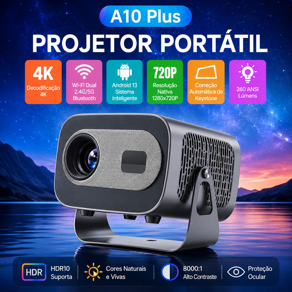 Projetor LED Portátil 720P com Android 13 WiFi 6 Bluetooth 5.0 e Correção Keystone