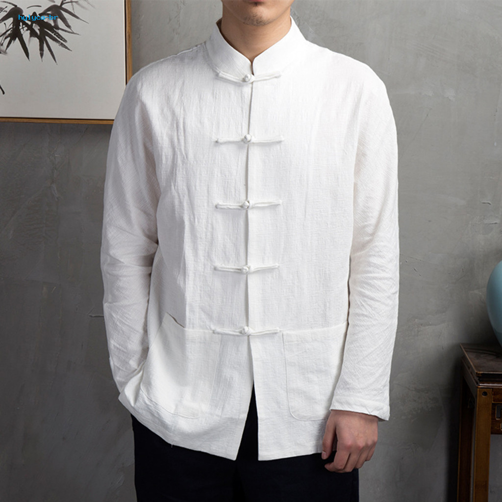 Men Long Sleeve Shirt Mandarin Collar Men's Autumn Chinese Style Tai Chi Kung Fu Top with Pockets and Traditional Disc f