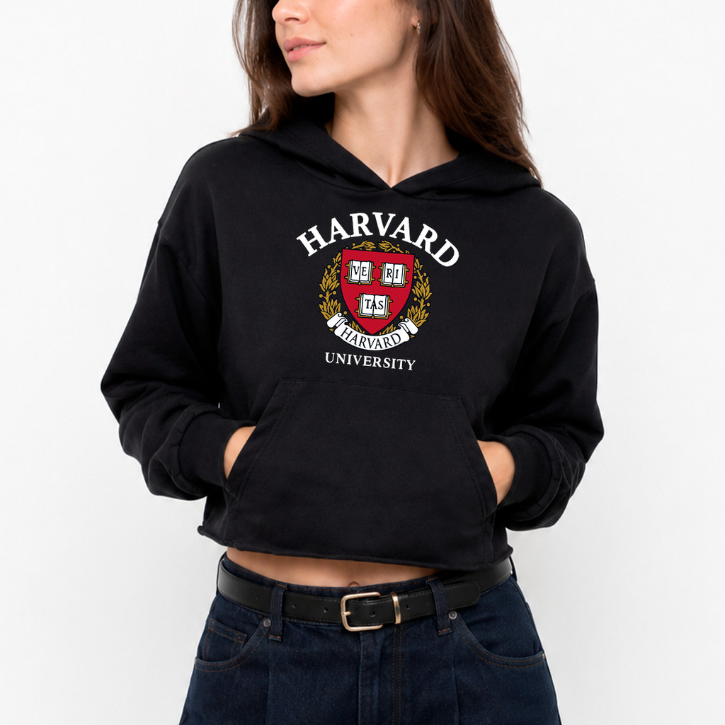 Moletom Cropped Canguru 6435 Harvard University Com Capuz e Bolso Blusa de Frio Feminino Flanelado