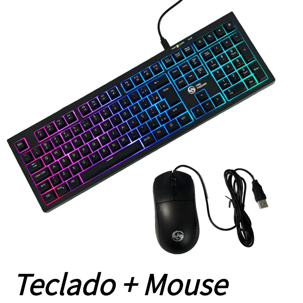 Kit Teclado e Mouse FIRE PHOENIX Compacto, Rainbow, ABNT2, Switch Red, Silencioso,Preto, BK-T1