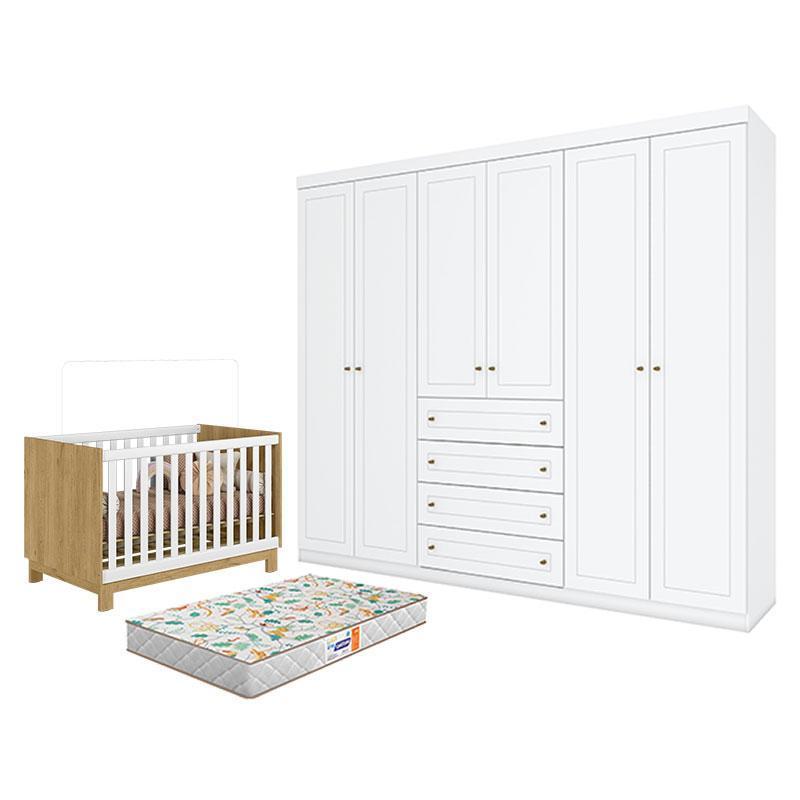 Berço Mini Cama Q Encanto Slim Freijó - Qmovi e Guarda Roupa Casal 6 Portas Branco e Colchão Gazin – Henn