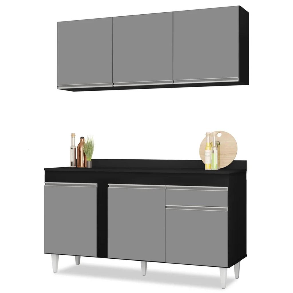 Armário Aéreo Argélia e Balcão Gabinete Para Pia com Tampo 150cm Dakota Preto/Cinza - Lumil