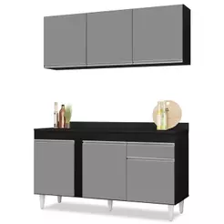 Armário Aéreo Argélia e Balcão Gabinete Para Pia com Tampo 150cm Dakota Preto/Cinza - Lumil