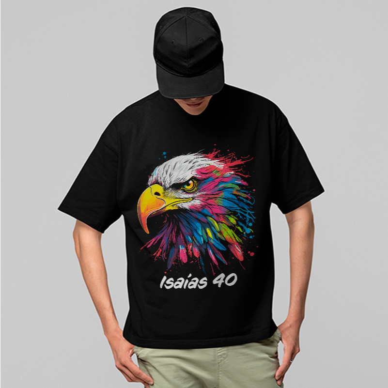Camiseta Oversized Águia Colorida Isaías 40 Cristã Gospel Streetwear