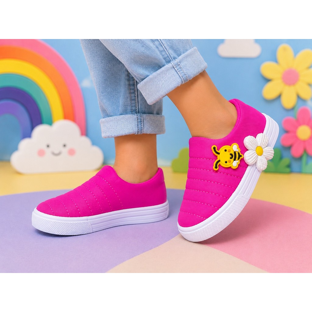 Tênis infantil menina flor e abelinha calce fácil macio slip on confortável