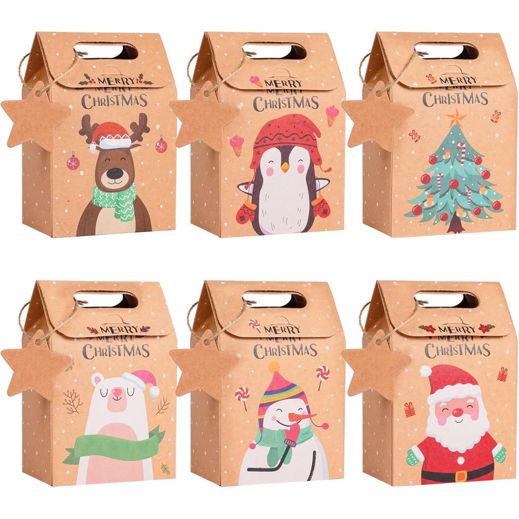 Sacolas de Presente de Natal Daomong, 24 Peças, Caixas de Presente de Papel Kraft, Sacolas para Embalar Presentes, Caixa
