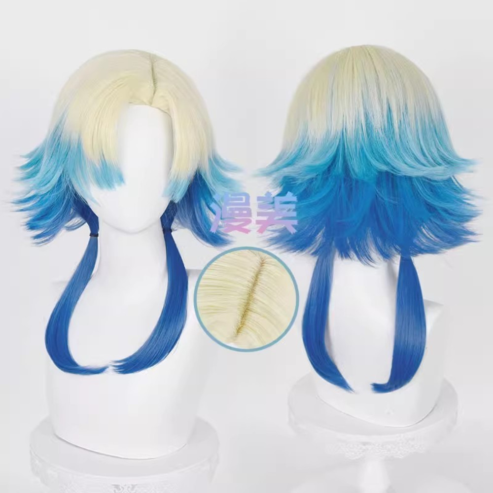 Gelo Anime Azul Bloqueio Michael Kaiser Peruca Cosplay 55cm Perucas De Cores Misturadas Resistente Ao Calor Cabelo Sinté