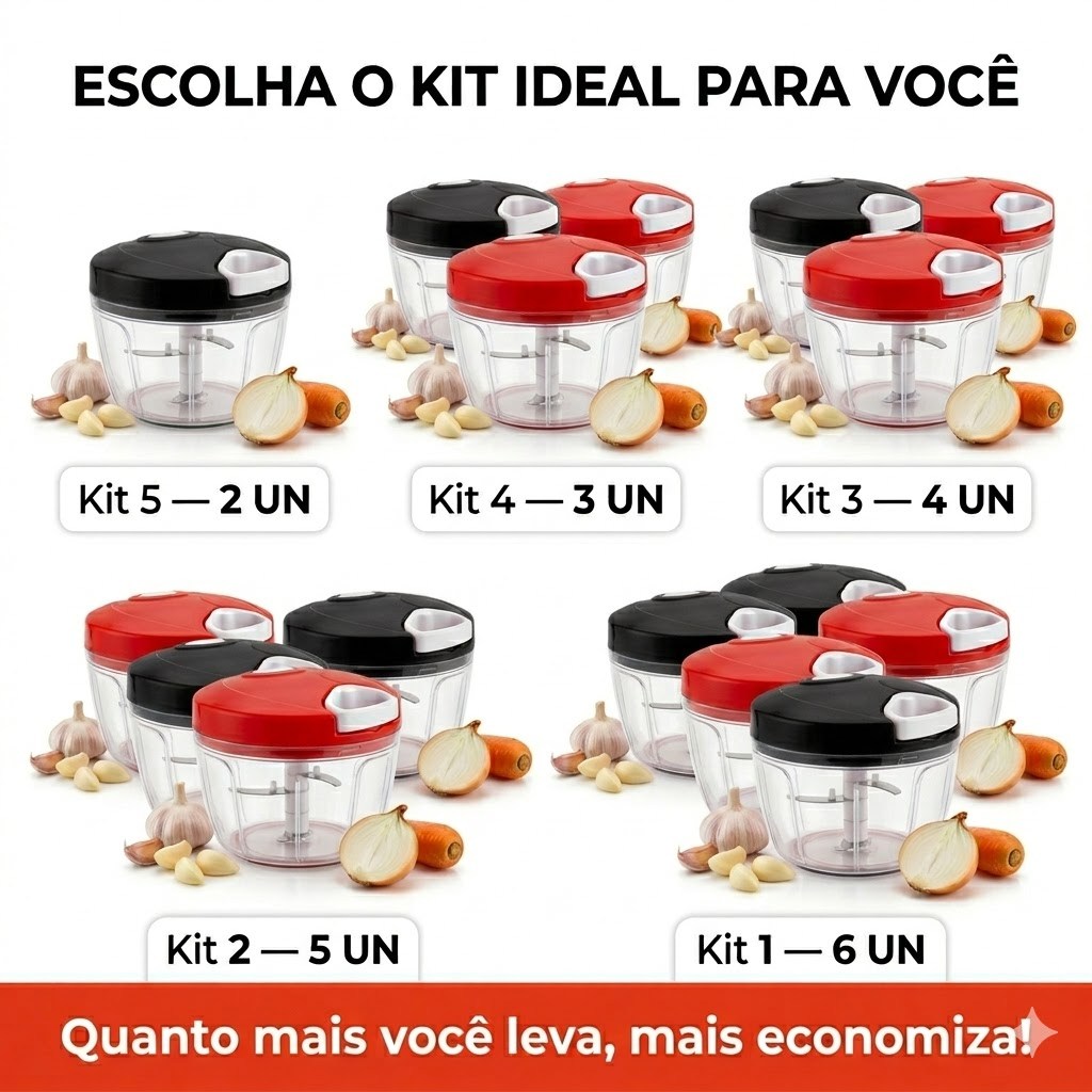 Kit Atacado Processador Manual Alimentos 500ml Triturador Picador 3 Laminas Inox Alho Cebola Legumes Temperos