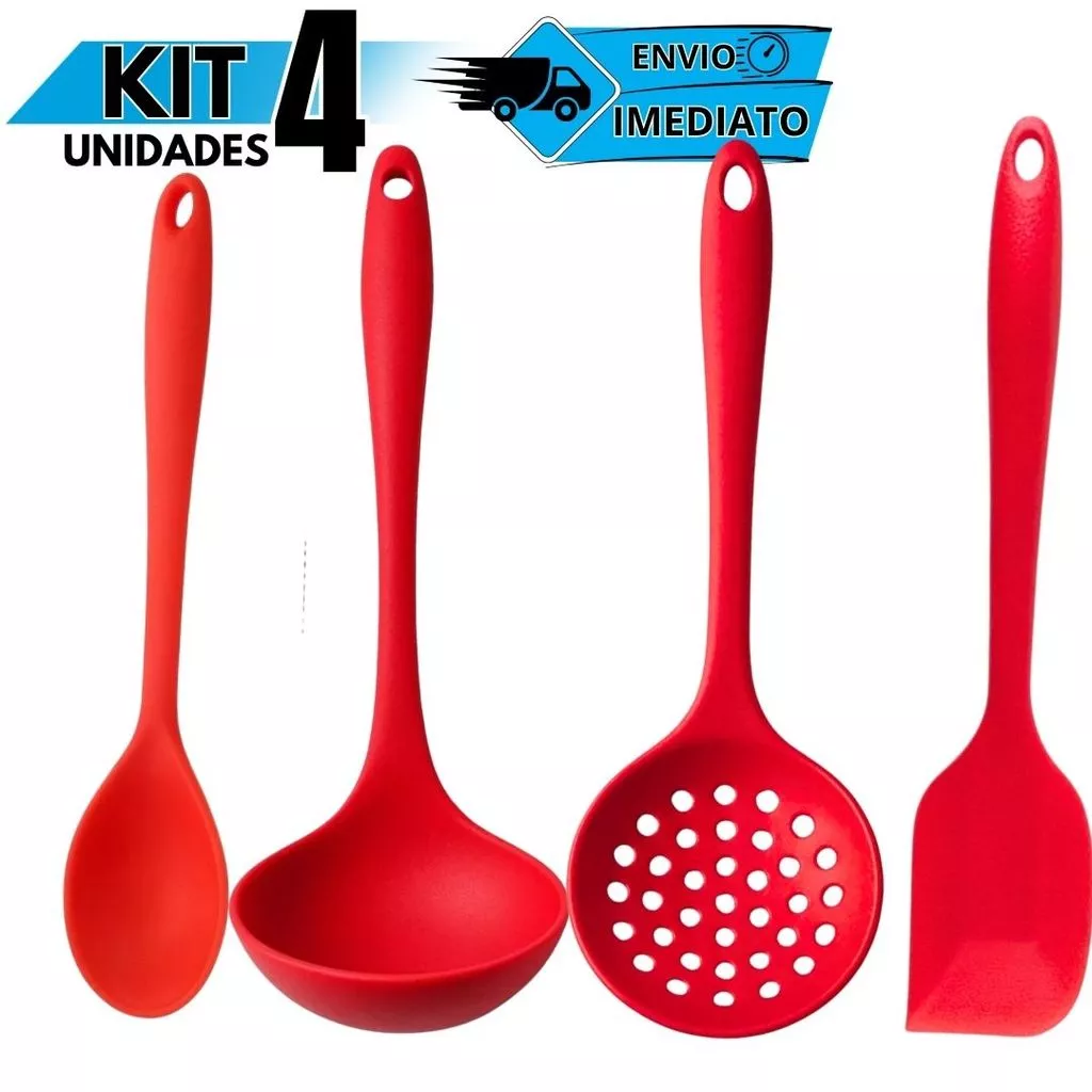 Kit Utensílios Silicone 4 Peças Antiaderente Concha Escumadeira Espátula Raspadora