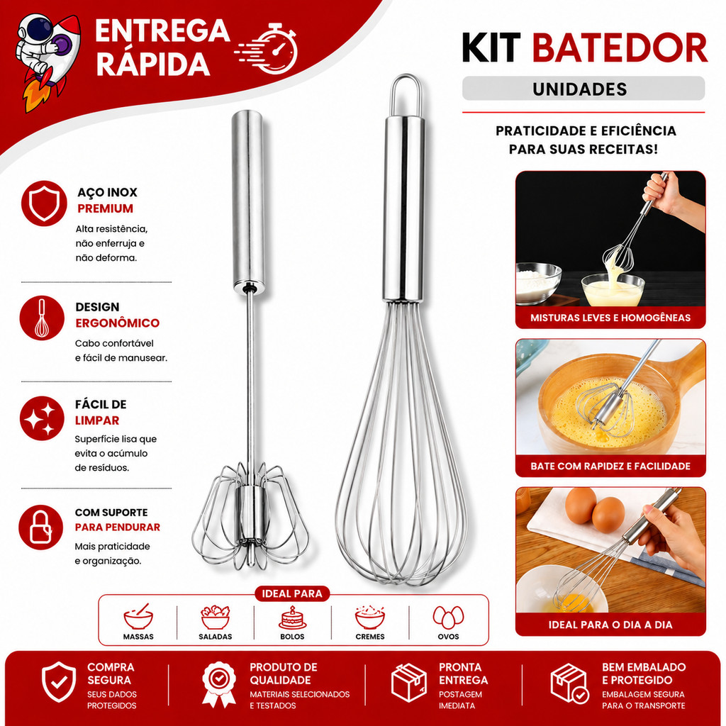 Kit 2 Utensílios de Cozinha Fouet Inox Batedor de Ovos + Mixer Semi Automático Misturador Premium