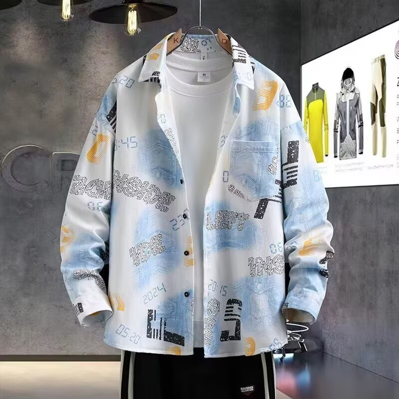 Juventude impressa camisa masculina de manga comprida versão coreana moda na moda bonito camisa masculina primavera outo
