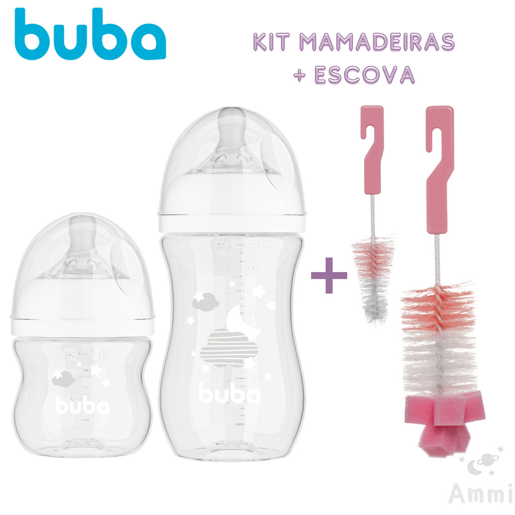Kit 2 Mamadeira Anticólica Buba 120ML E 270ML + Escova de Lavar Mamadeira Rosa
