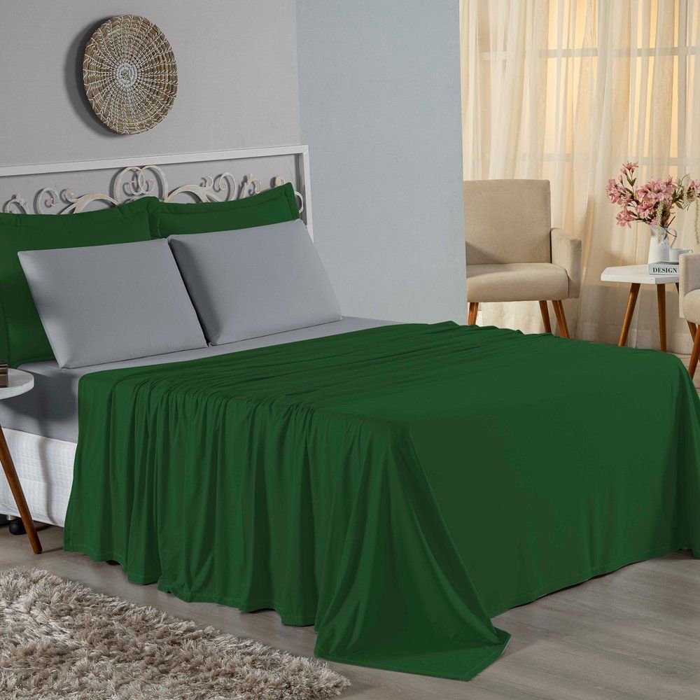 Jogo de Cama Solteiro Nobre 3 Peças Lençol com Elástico de 30cm de Altura Malha 100% Algodão - Verde-Bandeira / Cinza