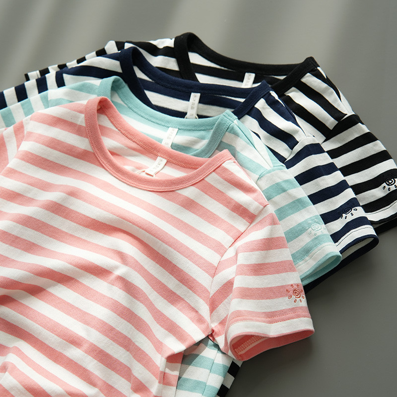 Crianças crianças puro algodão camiseta meninos meninas algodão em torno do pescoço largo listrado de manga curta topo m