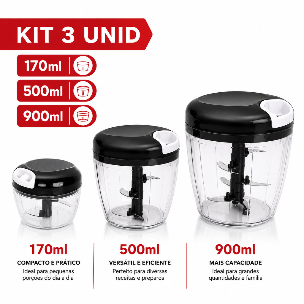 KIT 3 Processador de alimentos 170ML/500ML/900ML manual 5 Lâminas aço Inox Triturador de alho