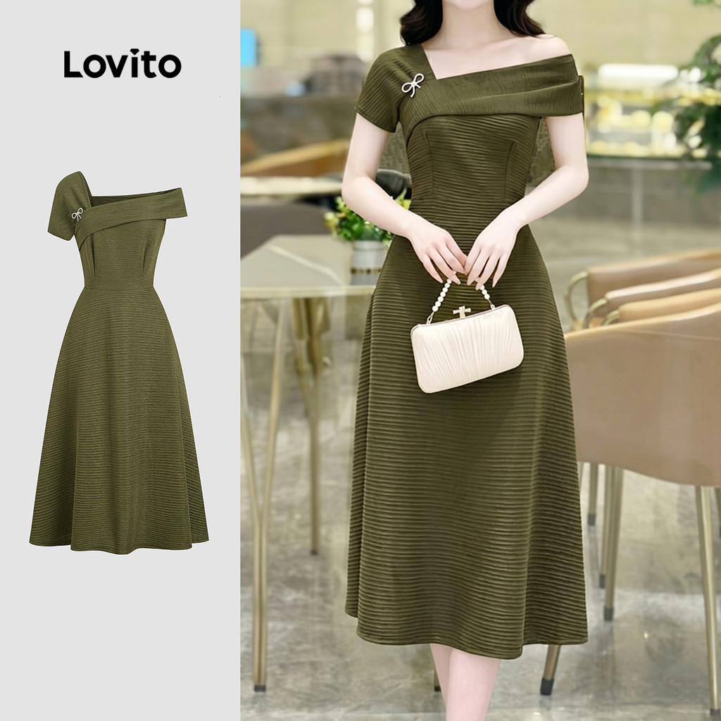 Lovito Vestido Verdeoliva Assimétrico com Strass e Fivela Elegante para Mulheres primavera/verão LK6ED172