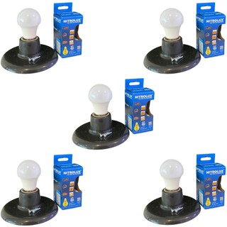 Kit 5 Plafon Para Lâmpada Preto + Lampada Bulbo 4,9w 6500k