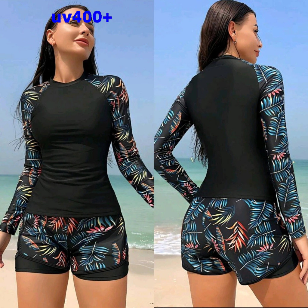 Maiô de Praia Feminino com Proteção UV, Manga Longa, Rashguard para Surf, 2 Peças 3241