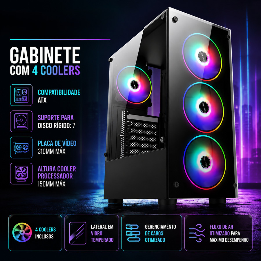 GABINETE COM 4 COOLERS RGB | Gabinete Gamer ATX Vidro Temperado (AGP-A31150C)