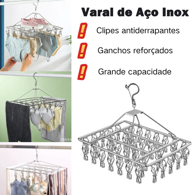 Varal Inox com 30/40/60 Prendedores, Multifuncional para Roupas Íntimas e Peças Pequenas