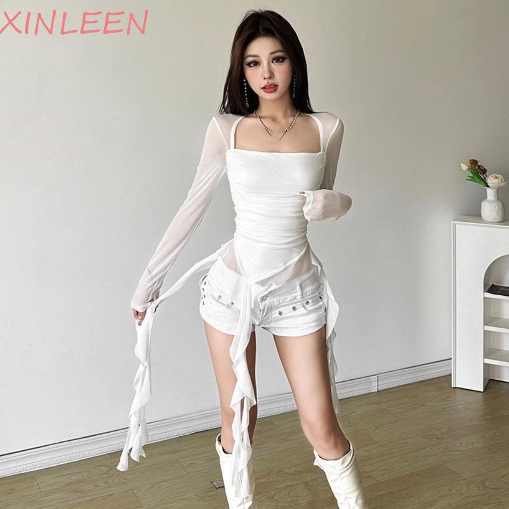 XINLEEN Slim Fit Crop Tops , Elf Manga Longa Gola Plissada Medusa Malha Cinto Camiseta , Irregular