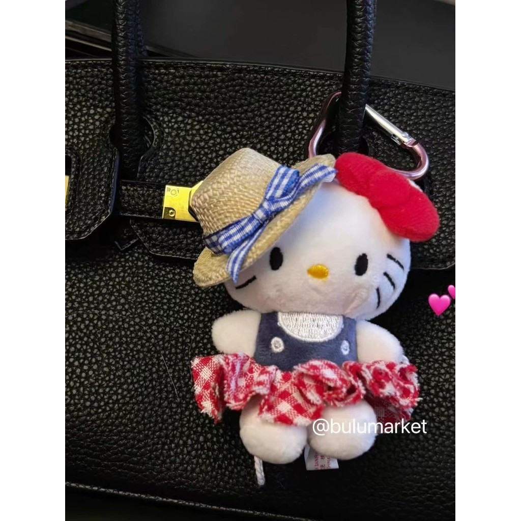 Chapéu de palha grade vermelha kt gato pingente mochila bonito boneca de pelúcia carro chaveiro pingente