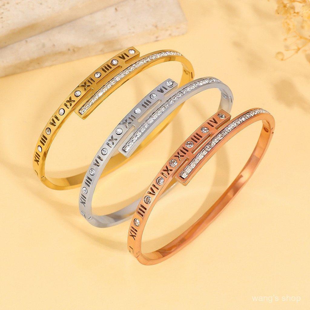 Pulseira Feminina de Aço Inoxidável, Produto Novo e Mais Vendido, Pulseira com Zircônia e Números Romanos, Pulseira Femi