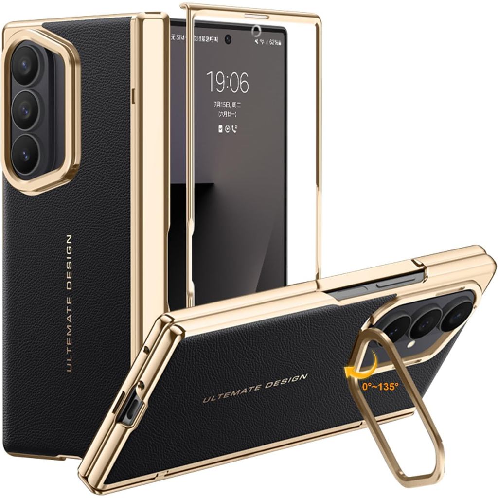 Capa para Samsung Galaxy Z Fold 7 com Parte Traseira de Couro, Suporte de Câmera