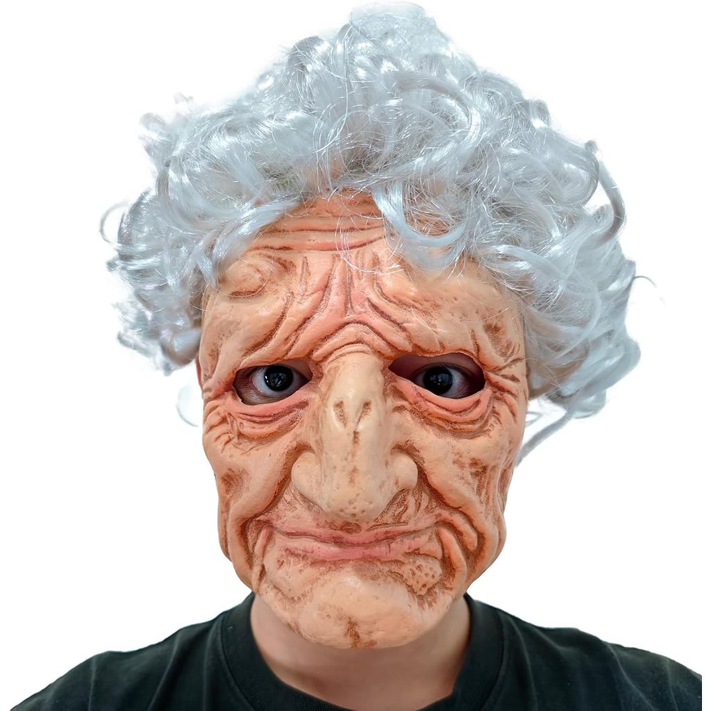 Máscara Assustadora de Velha com Cabelos Brancos – Máscara Realista de Látex para Cosplay de Bruxa no Halloween para Fes