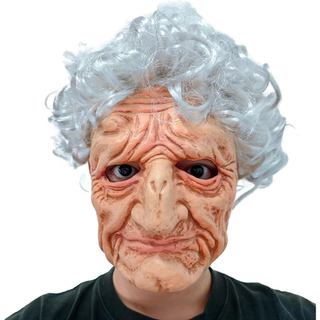 Máscara Assustadora de Velha com Cabelos Brancos – Máscara Realista de Látex para Cosplay de Bruxa no Halloween para Fes